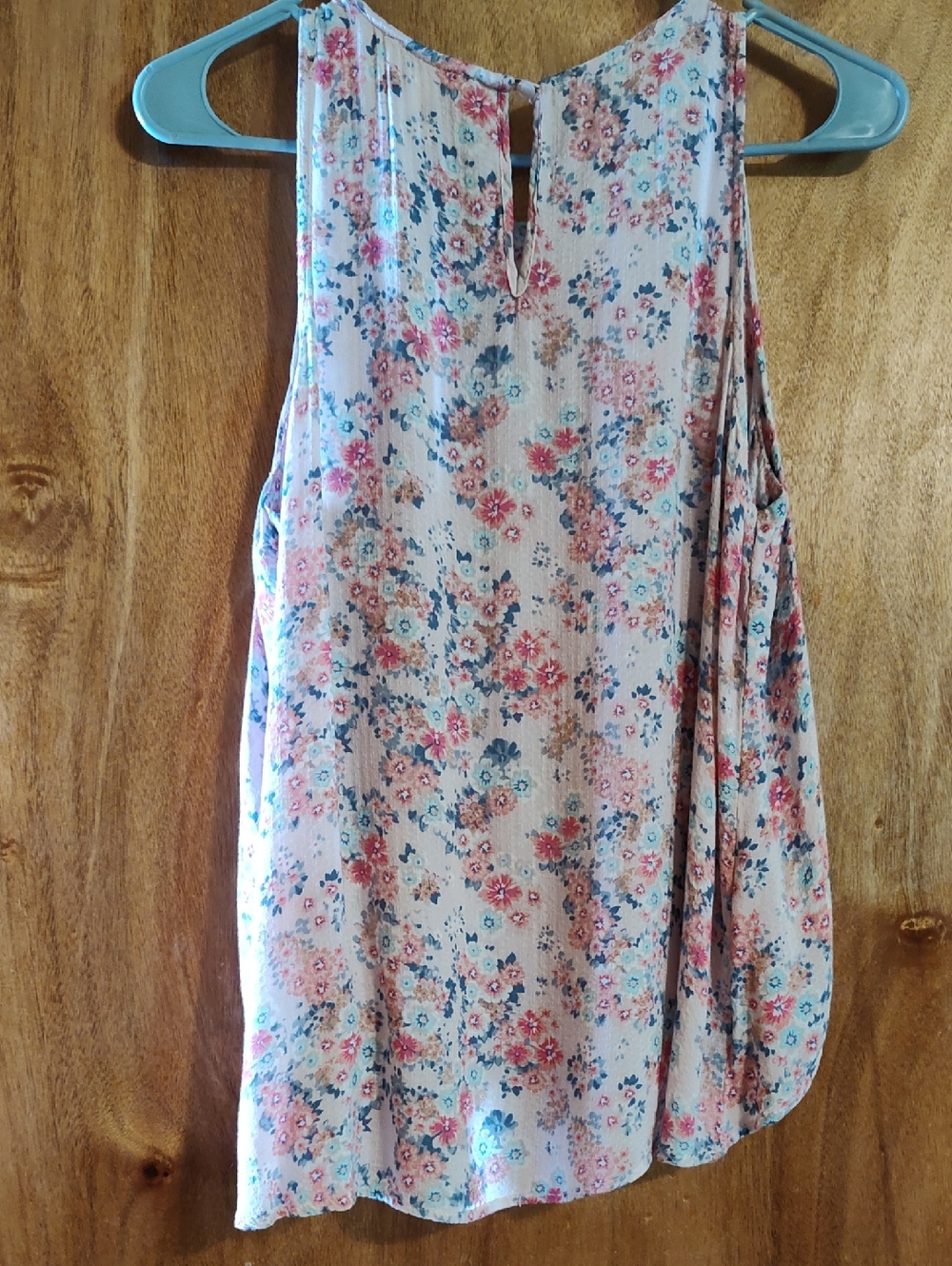 Monteau Los Angeles Layered Sleeveless Blouse Blush Pink Aqua Ditsy Floral Med - Picture 6 of 11
